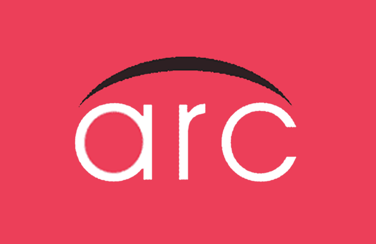 Logo for Arc Property Management: White text on a pink background, with a shallow black curved line over the text.