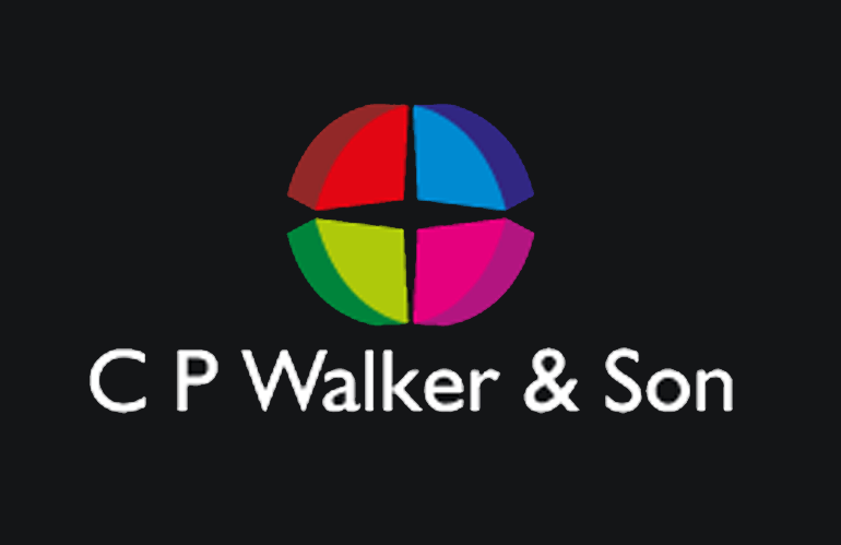 Logo for C P Walker & Son: White text, on a black background, with a circle of four segments (red, blue, pink, and green) above it.
