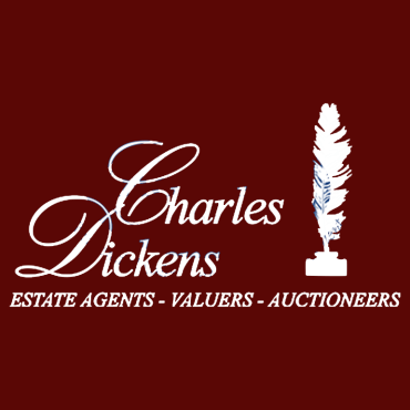 Logo for Charles Dickens Estate Agents: Italic, white text, in a classical font, with a white silhouette of a feather, on a burgundy background.