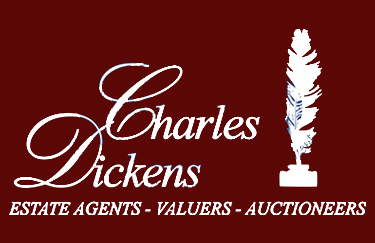 Logo for Charles Dickens Estate Agents: Italic, white text, in a classical font, with a white silhouette of a feather, on a burgundy background.