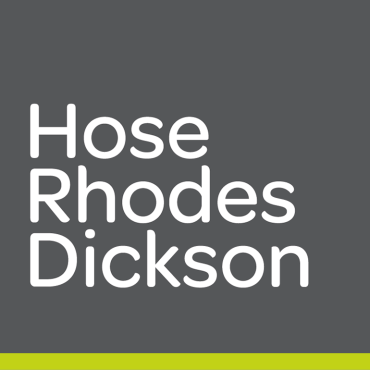 Logo for Hose Rhodes Dickson: White text, on a grey background, with a green stripe at the bottom.
