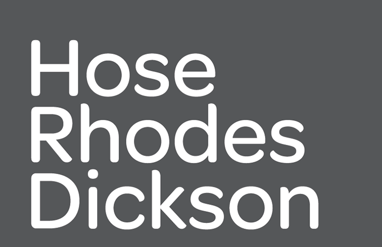 Logo for Hose Rhodes Dickson: White text, on a grey background, with a green stripe at the bottom.