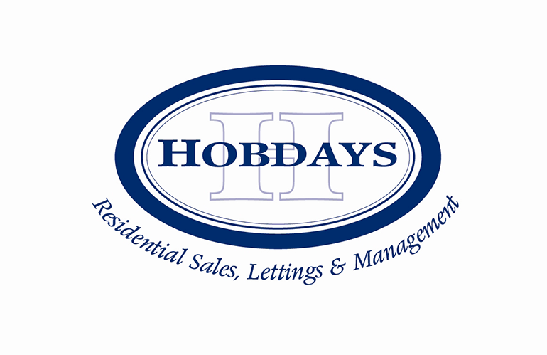 Logo for Hobdays: Blue text, on a white background, with a blue oval surrounding the word 'Hobdays, and a white 'H' with a blue outline in the background.