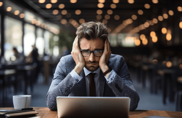 A frustrated landlord, sat at a table, with a laptop, with their head in their hands.