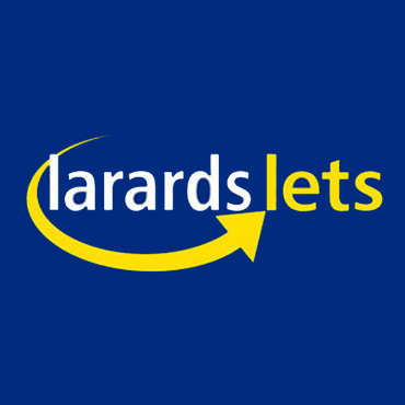 Logo for Larards Lets: White and yellow text, on a blue background, with a yellow arrow swooping around the text.
