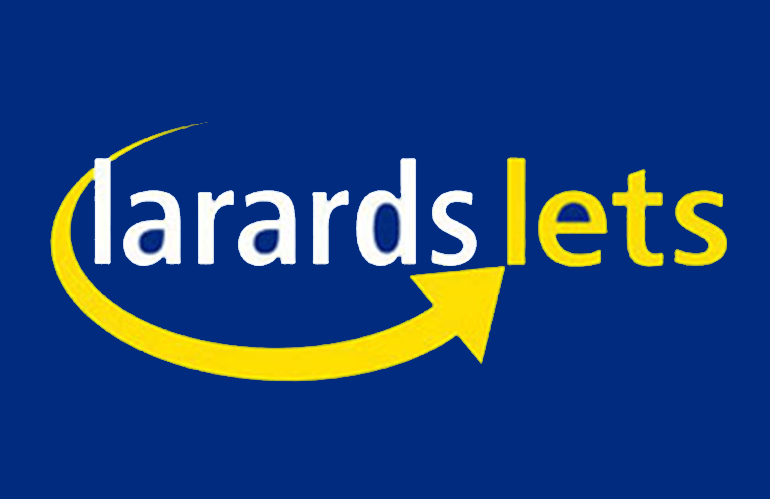 Logo for Larards Lets: White and yellow text, on a blue background, with a yellow arrow swooping around the text.