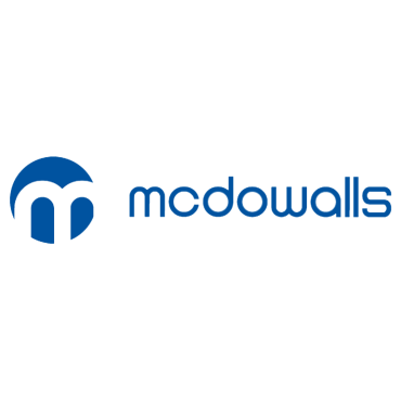 Logo for McDowalls: A white 'm' in a blue circle, followed by blue text, on a white background.