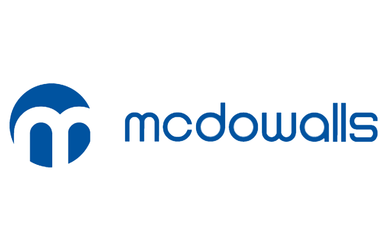 Logo for McDowalls: A white 'm' in a blue circle, followed by blue text, on a white background.