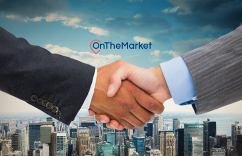A close-up of a handshake, with the OnTheMarket logo above it, and a city skyline background.
