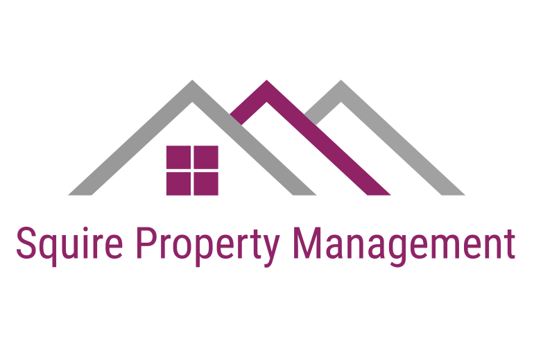 Logo for Squire Property Management: Purple text, on a white background, with three grey/ purple roofs above it.