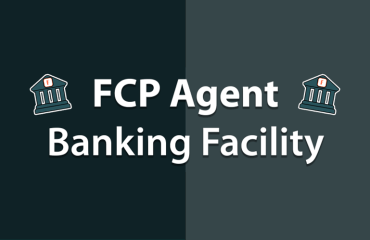 A graphic with a vertically split dark blue and grey background, with two cartoon banks surrounding the text 'FCP Agent Banking Facility'.