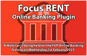 A graphic with a red background and a picture of a bank, telling the reader of a webinar being held on Wednesday 1st February 2023, about the Online Banking plugin.