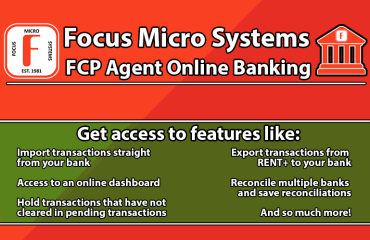 A graphic with a red and green background, featuring a logo of a Red 'F' surrounded by the words 'Focus Micro Systems Est. 1981', a cartoon image of a bank, and the features of the FCP Agent Online Banking plugin.