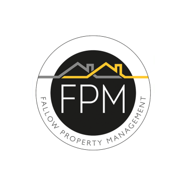 Logo for Fallow Property Management: A smaller black circle within a bigger white circle, with white, capitalised text reading 'FPM'.