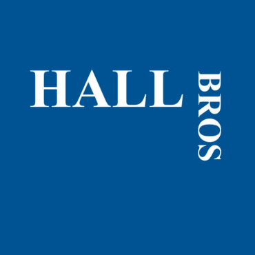 Logo for Hall Bros: white, capitalised text, with the words 'Hall' and 'bros' perpendicular to each other, on a blue background.