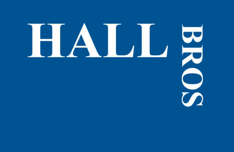 Logo for Hall Bros: white, capitalised text, with the words 'Hall' and 'bros' perpendicular to each other, on a blue background.