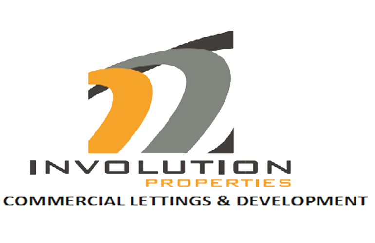 Logo for Involution Properties: Three curved yellow, grey, and black thick lines, with capitalised blue and yellow text beneath, on a white background.
