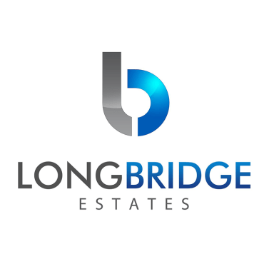 Logo for Longbridge Estates: a grey and blue 'b' with capitalised grey and blue text beneath it, on a white background.