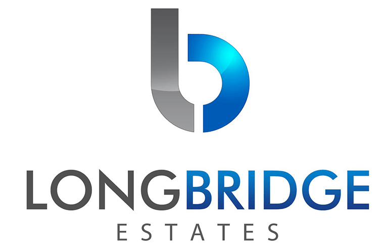 Logo for Longbridge Estates: a grey and blue 'b' with capitalised grey and blue text beneath it, on a white background.