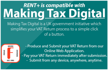 A graphic with a blue background, featuring a logo of a Red 'F' surrounded by the words 'Focus Micro Systems Est. 1981', and a description of the features of the Making Tax Digital Plugin.