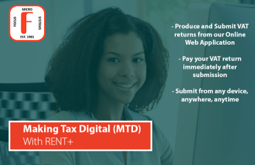 A graphic with a blue overcast background of a smiling office worker, featuring a logo of a Red 'F' surrounded by the words 'Focus Micro Systems Est. 1981', and a description of the features of the Making Tax Digital plugin.