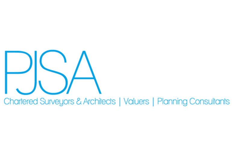 Logo for PJSA Chartered Surveyors & Architects: Capitalised, blue text, on a white background.
