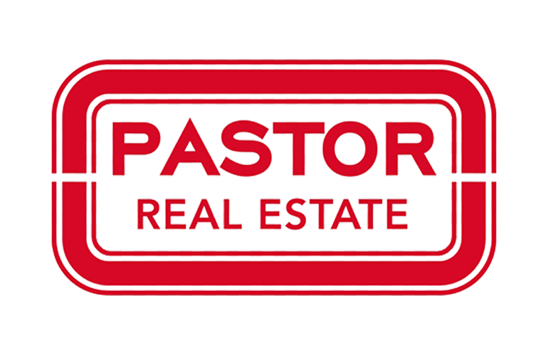 Logo for Pastor Real Estate: A red, rounded rectangle, surrounding bold, red, capitalised text.