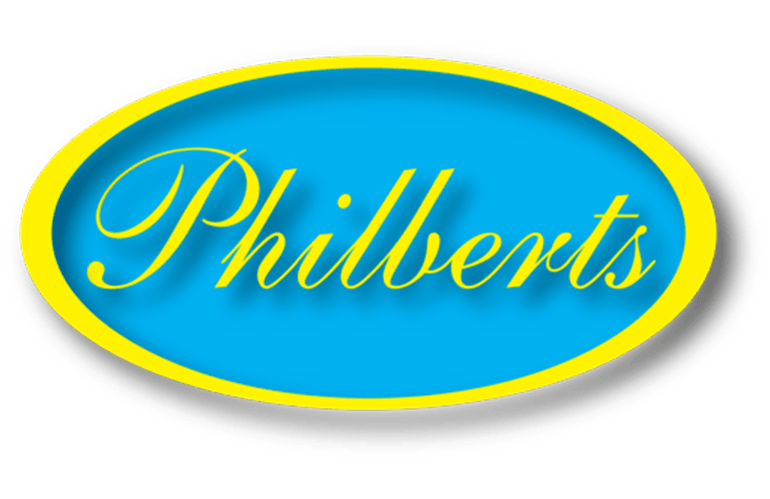Logo for Philberts: a blue oval with a bright yellow outline, and italic, classical font text.