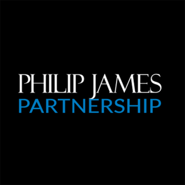 Logo for Philip James Partnership: Capitalised white and blue text on a black background.