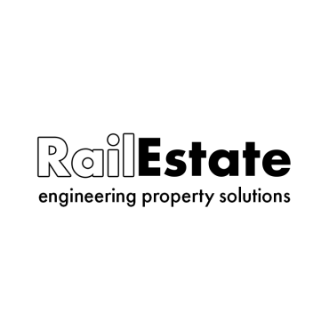 Logo for Rail Estate: Bold black & white (with black outline) text on a white background.