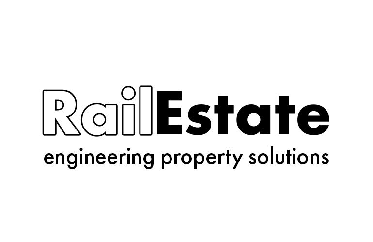 Logo for Rail Estate: Bold black & white (with black outline) text on a white background.