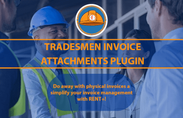 A graphic with a blue overcast background of a tradesman shaking hands with an office working, a cartoon image of a hard hat, and a call to action about the Tradesman Invoice Attachments plugin.