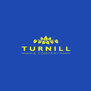 Logo for Turnill & Company: Bold, capitalised, yellow text, with a yellow silhouette of leaves, on a blue background.