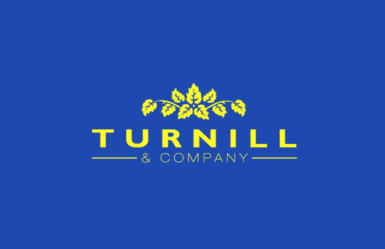 Logo for Turnill & Company: Bold, capitalised, yellow text, with a yellow silhouette of leaves, on a blue background.
