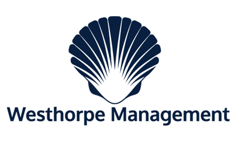 Logo for Westhorpe Management: A blue silhouette of a seashell with blue text, on a white background.