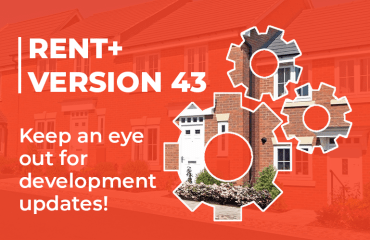 An orange background with text that says " (Title) RENT+ Version 43. Keep and eye out for development updates." To the right of this text are 3 gears with each being filled with houses.
