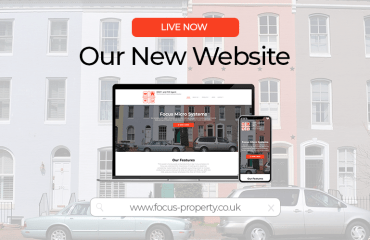 A computer and phone with the Focus Micro Systems website on them. Below is a search bar with the url www.focus-property.co.uk in it. The background is a row of houses with a white tint.