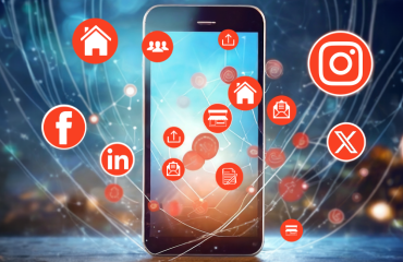 A smartphone in front of a blue, pearlescent background, with circular red icons coming out of it, displaying social media icons.