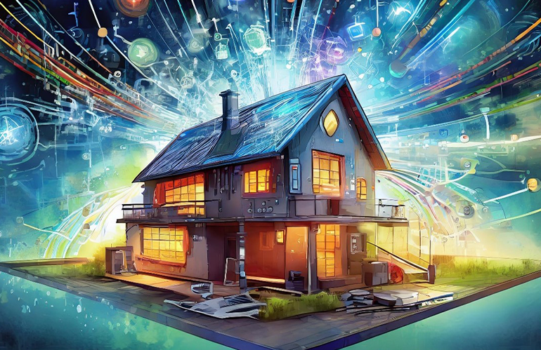 A drawing of a house that is brimming with technology - lights of all colours surround it, on top of the space-like background.