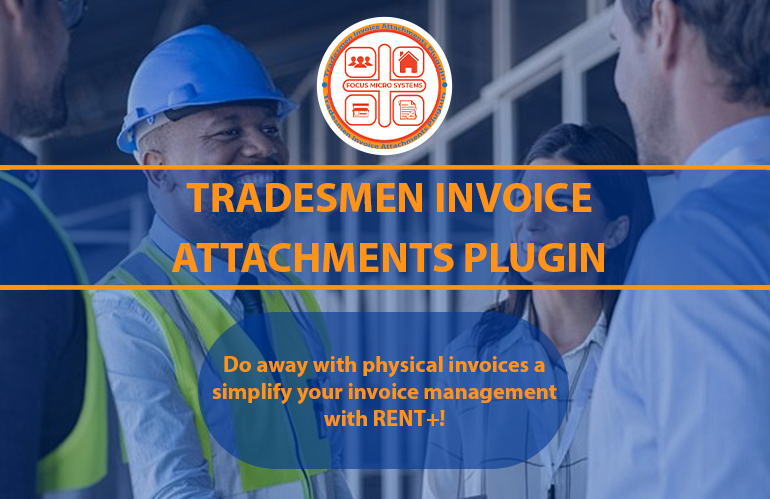 A graphic with a blue overcast background of a tradesman shaking hands with an office working, a cartoon image of a hard hat, and a call to action about the Tradesman Invoice Attachments plugin.